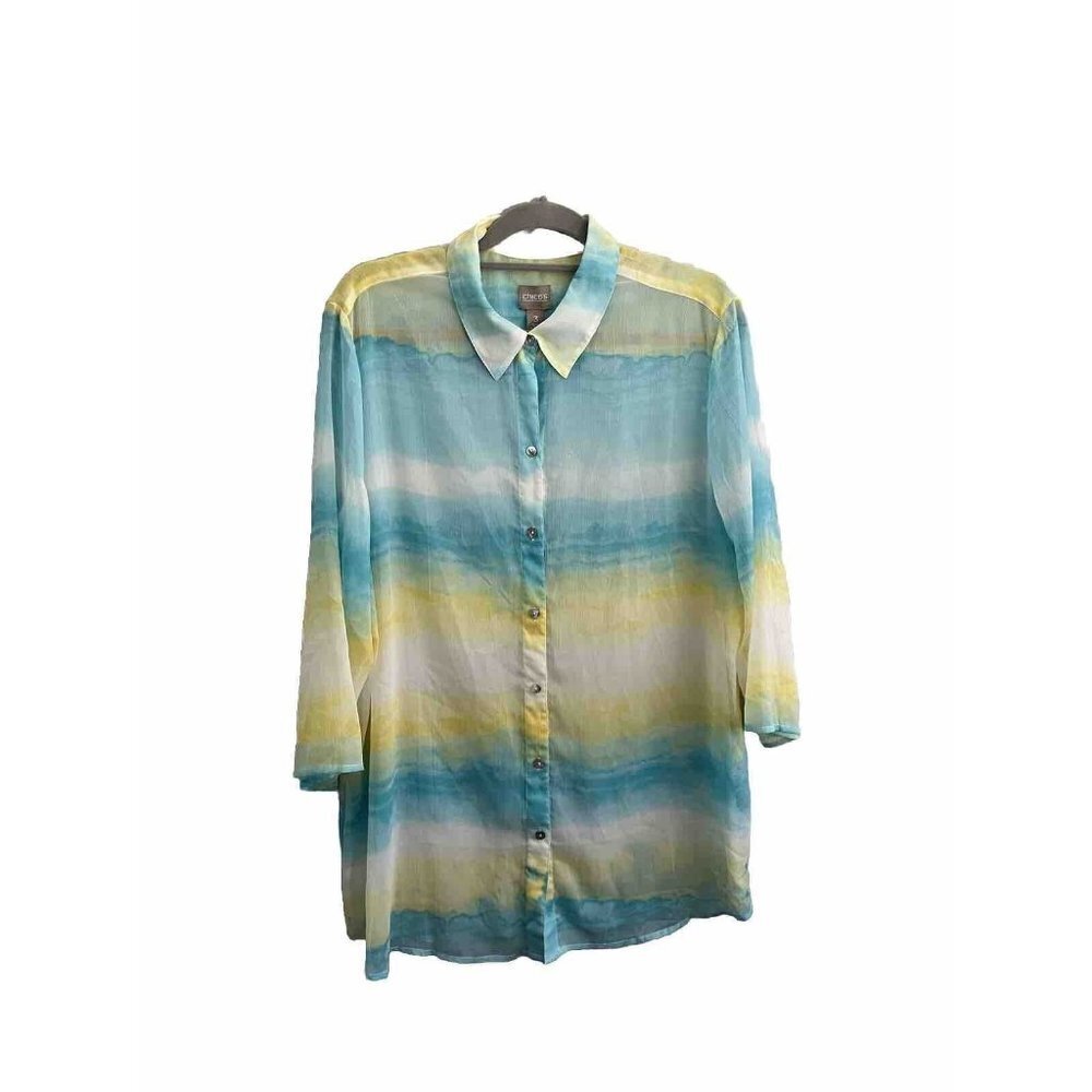Chicos Sheer Striped Tunic Blouse Collared 3/4 Sleeve Button Down Size 3